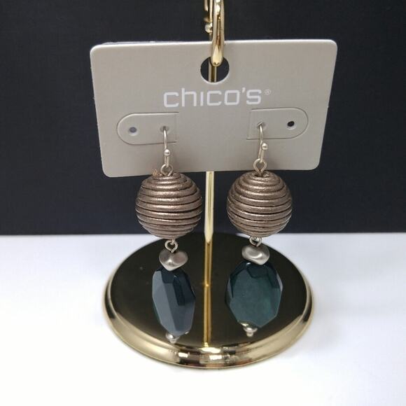 Chico's Bronze and Green Lucite Drop Bead Earrings, 2 1/4 Inches, New On Card - Picture 3 of 9